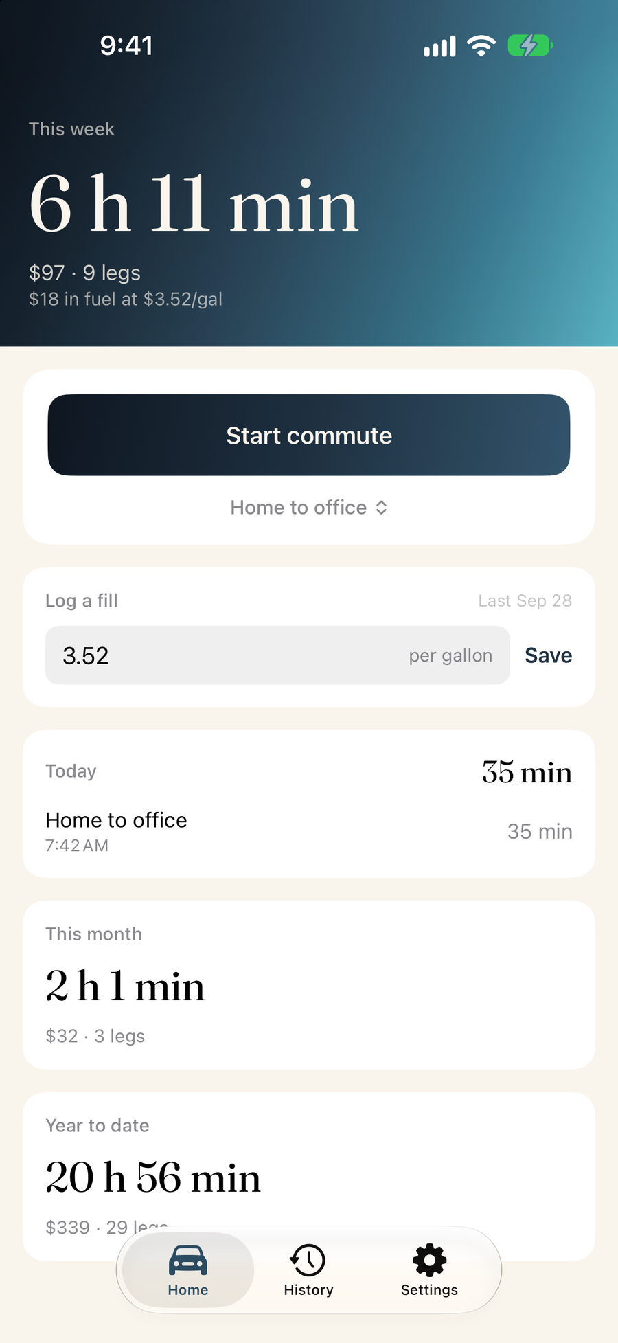 Home: this week at 6 hours 11 minutes, $97 across 9 legs, with Start commute below.
