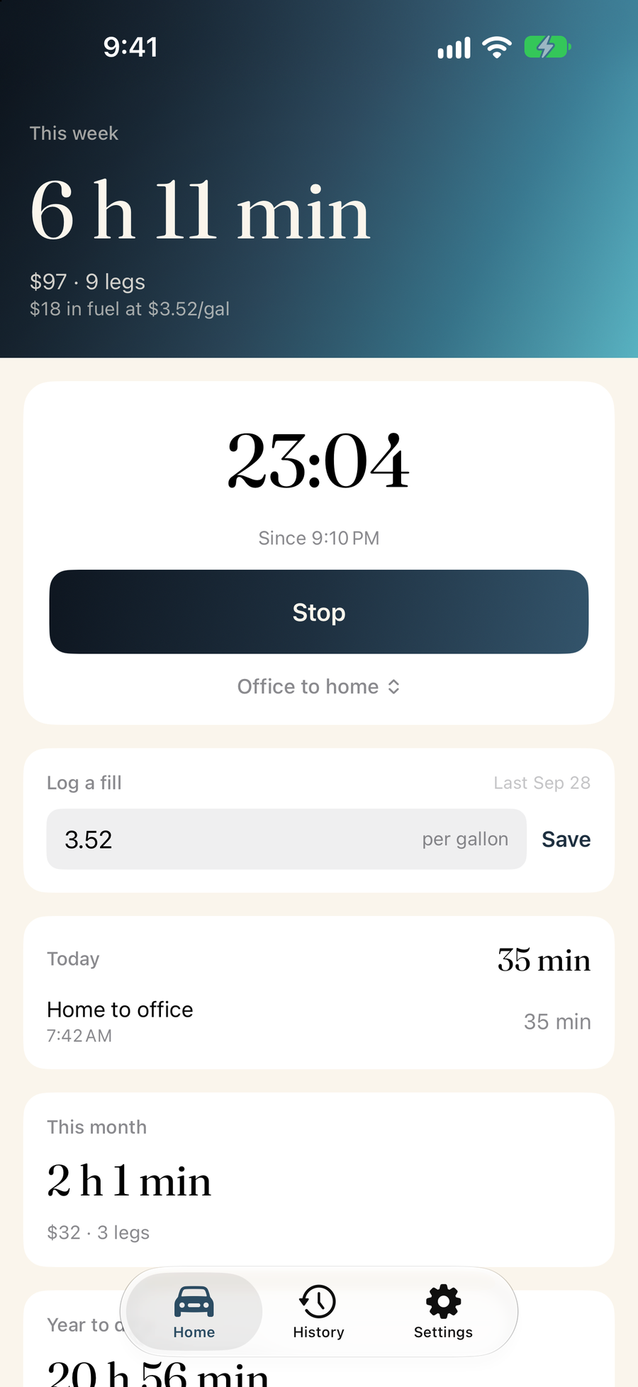 A commute running: 23 minutes 4 seconds since 9:10 PM, with Stop.