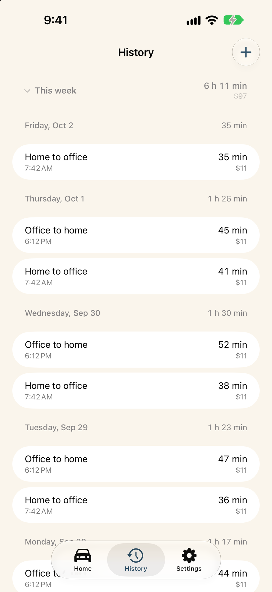 History grouped by day, each leg with its minutes and dollars.