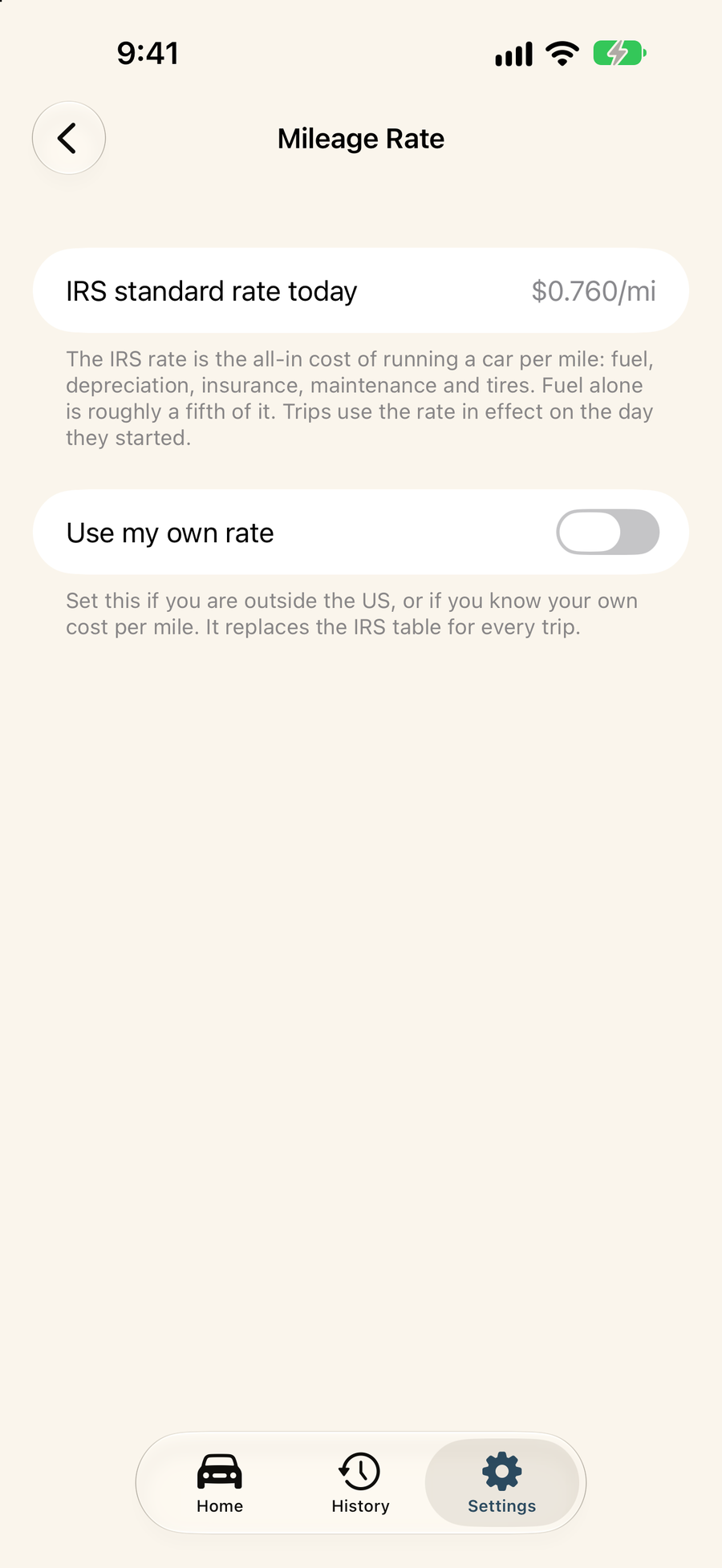 The mileage rate screen explaining what the IRS standard rate covers.