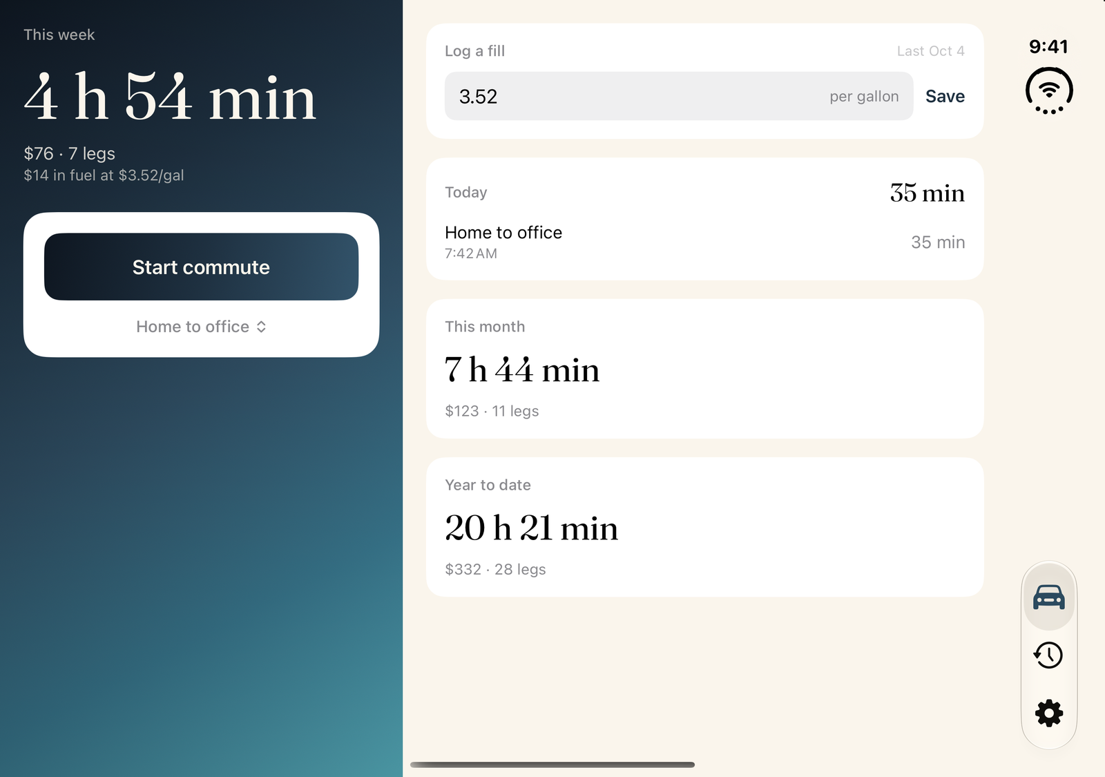 Commuted on the unfolded iPhone Duo: the week at 4 hours 54 minutes in the gradient panel, with today, this month and year to date beside it.
